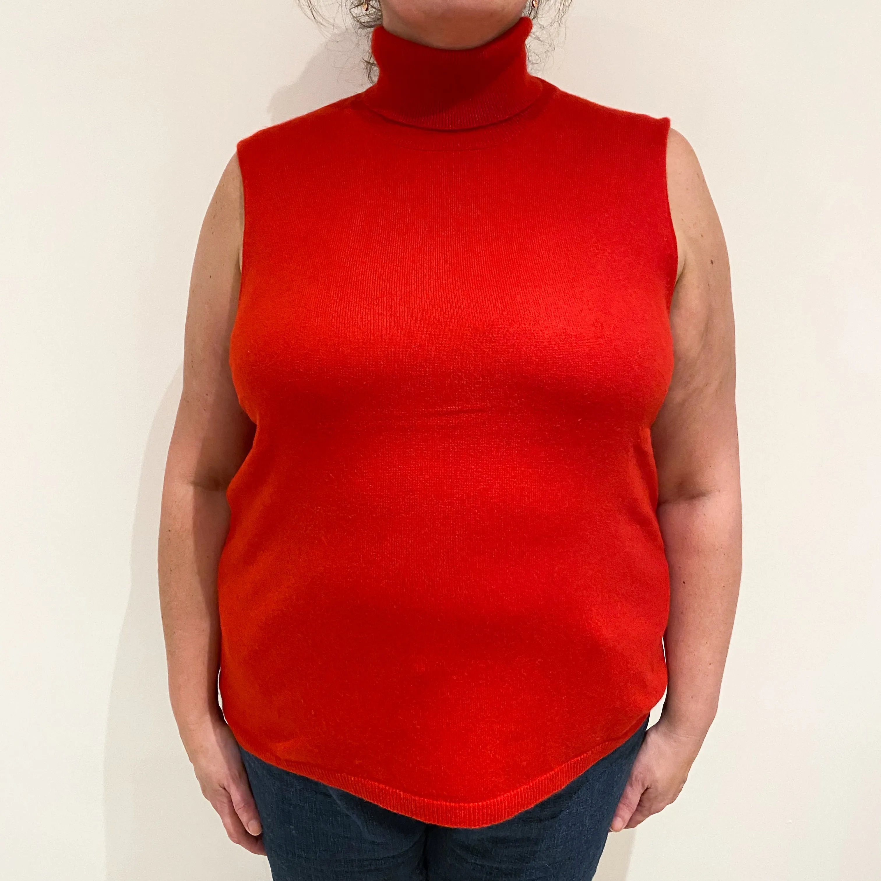 Scarlet Red Cashmere Sleeveless Polo Neck Jumper Extra Large