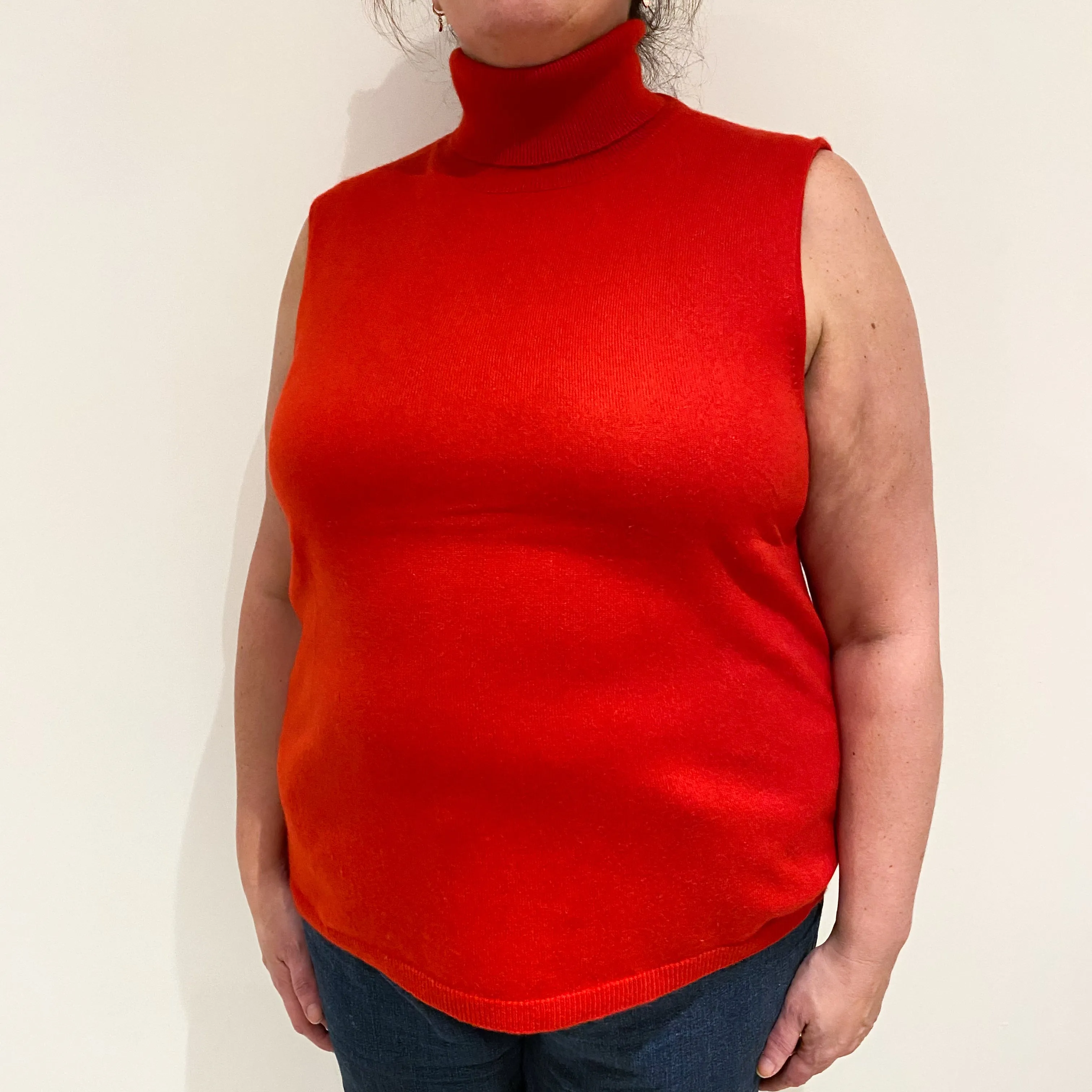 Scarlet Red Cashmere Sleeveless Polo Neck Jumper Extra Large