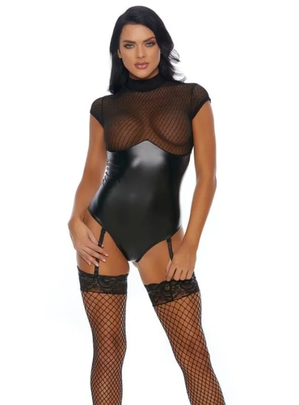 Sexy Black Sheer Net Pattern & Faux Leather Bodysuit