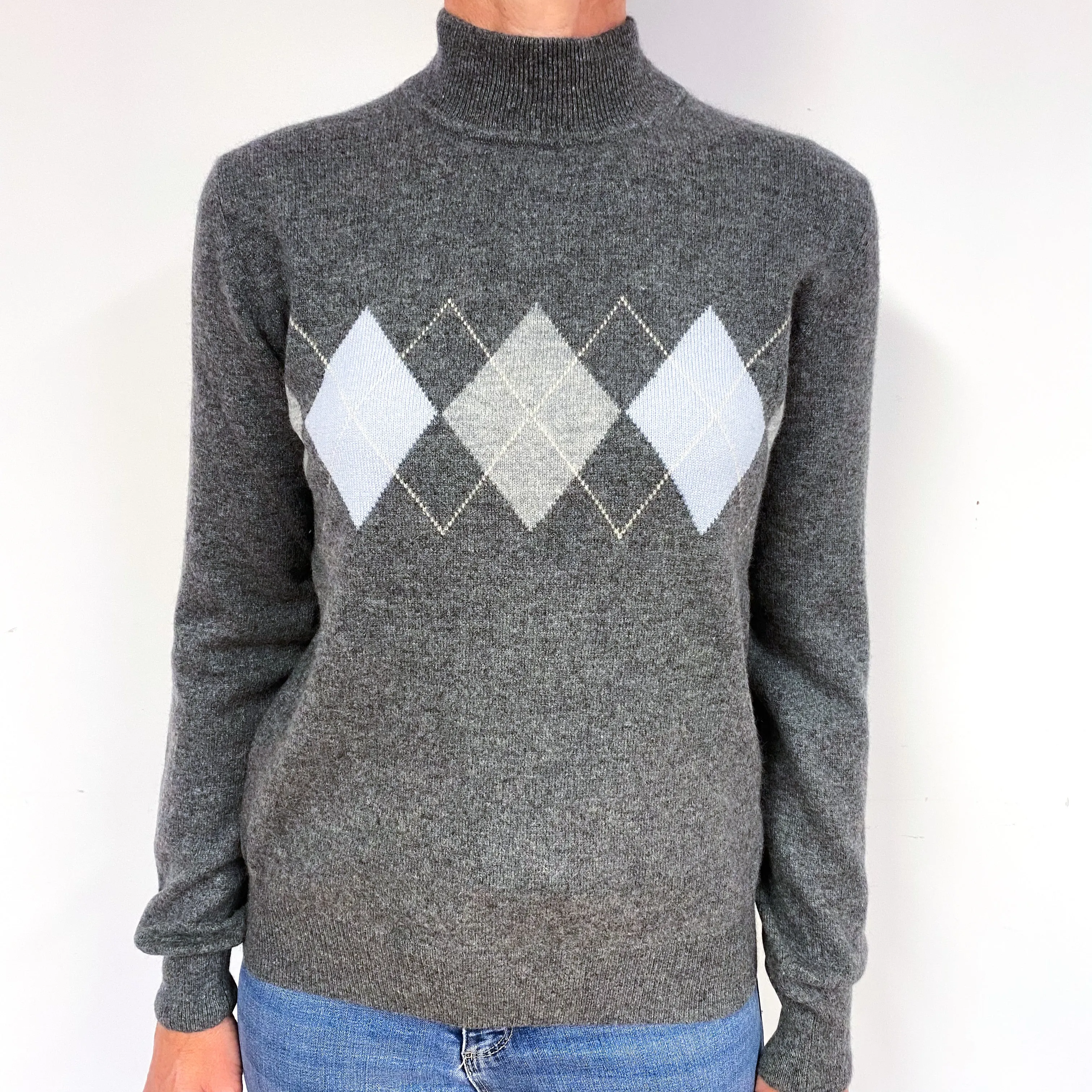 Slate Grey Diamond Cashmere Turtle Neck Jumper Medium