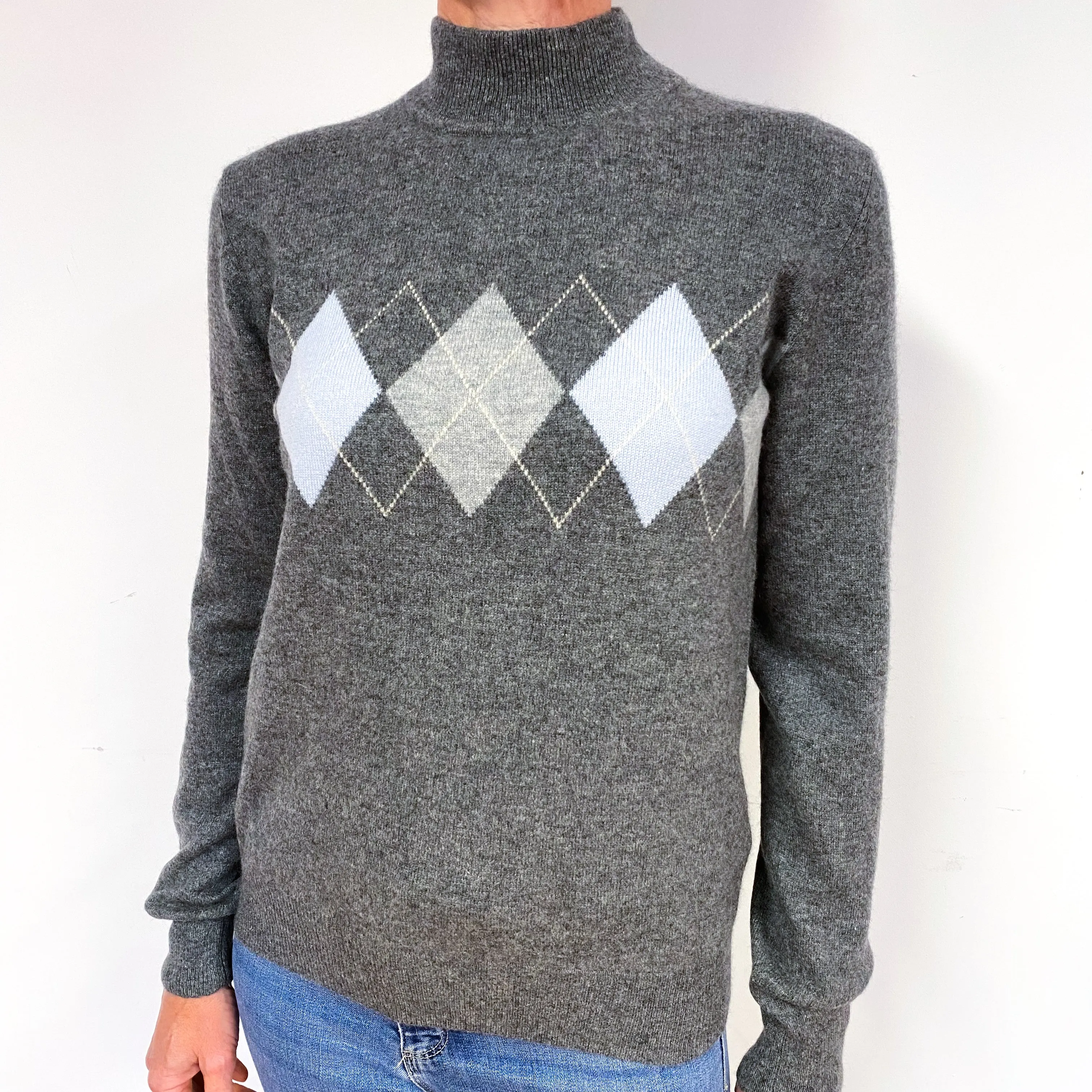 Slate Grey Diamond Cashmere Turtle Neck Jumper Medium