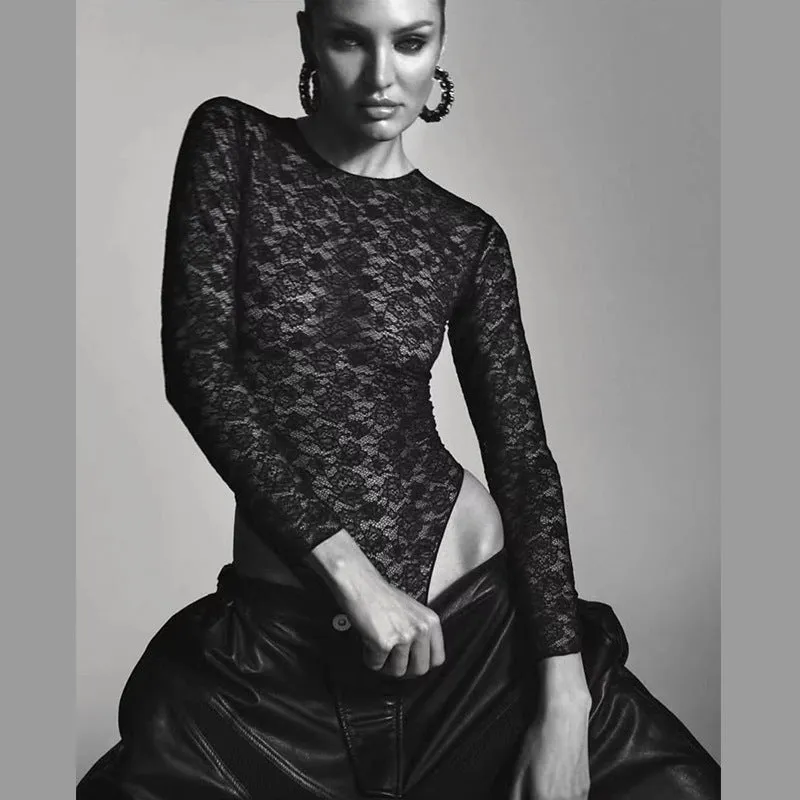 Sultry Sheer Lace Long Sleeve Bodysuit