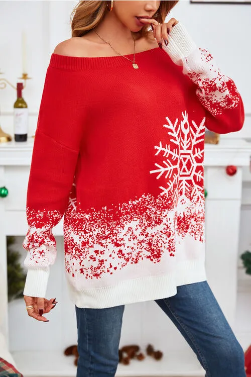 TEEK - Red Off-Shoulder Long Sleeve Snow Sweater
