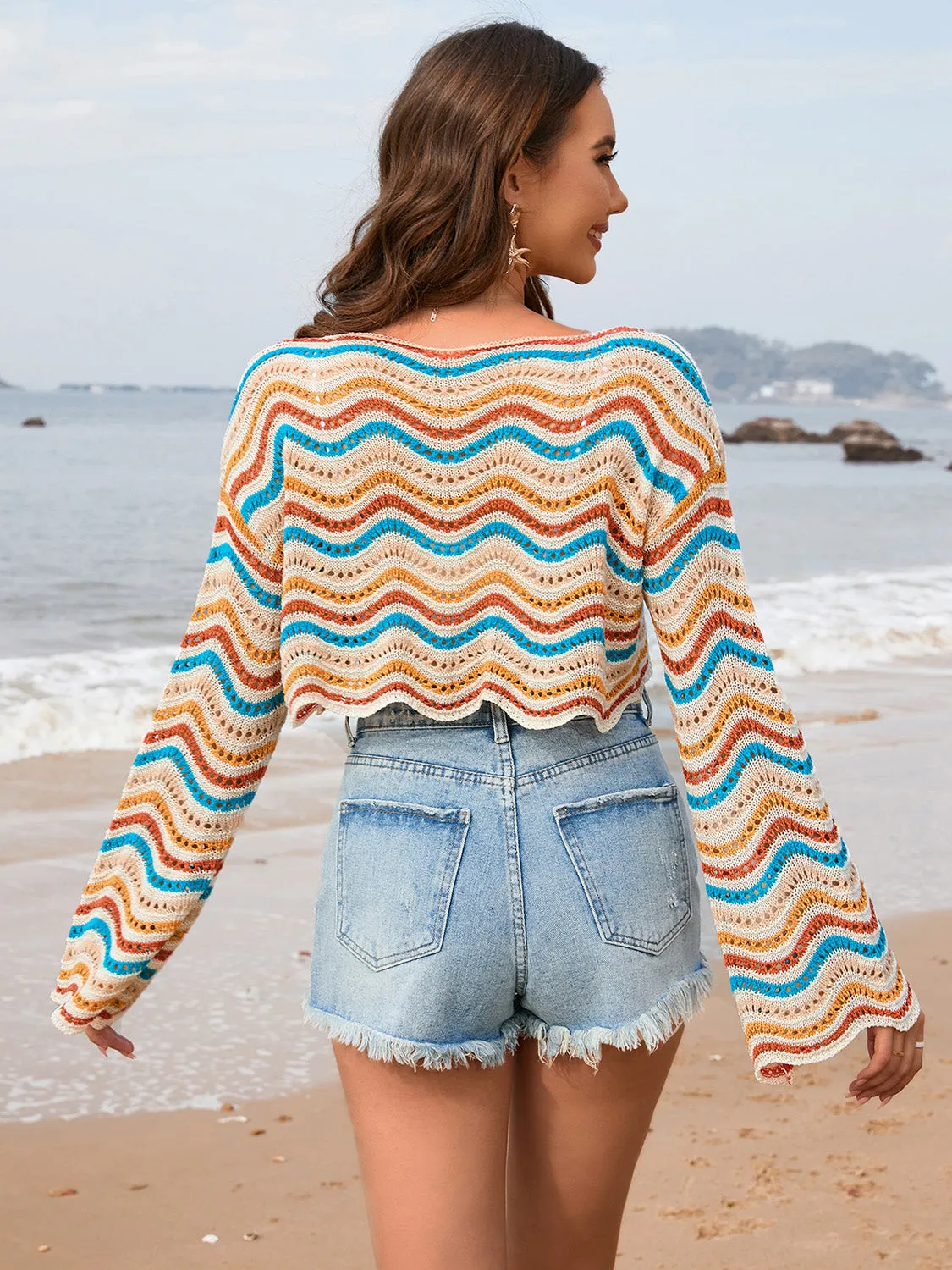 TEEK - Striped Boat Neck Long Sleeve Cover Up