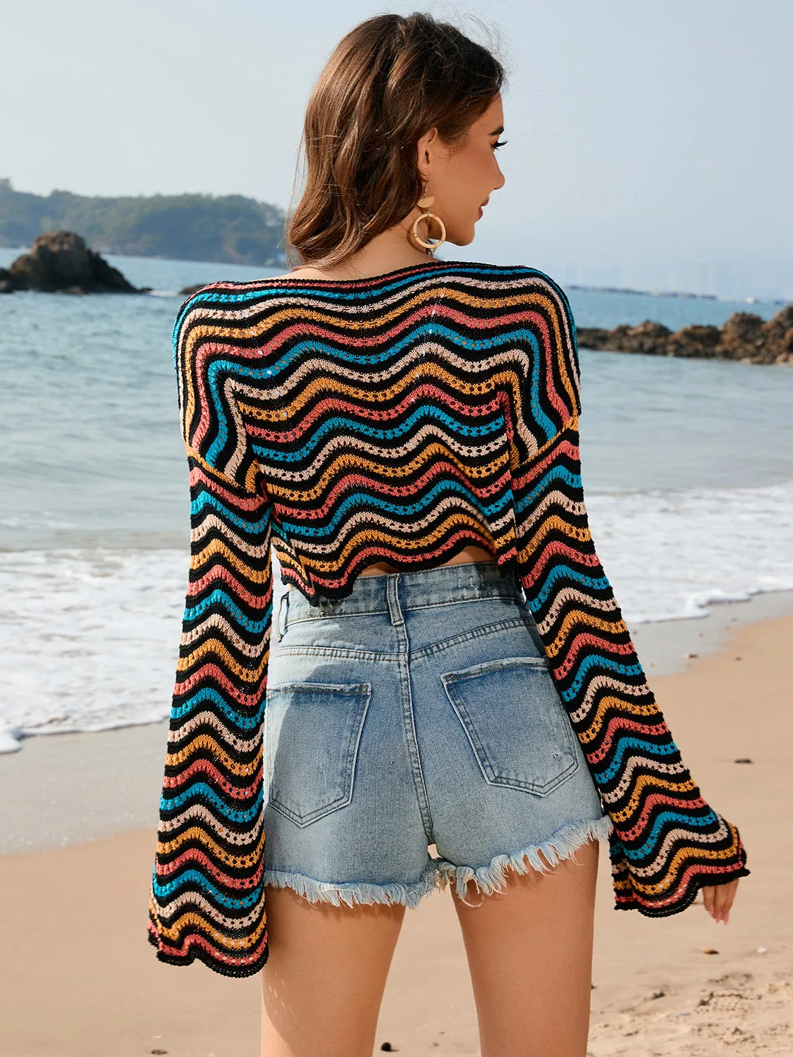 TEEK - Striped Boat Neck Long Sleeve Cover Up