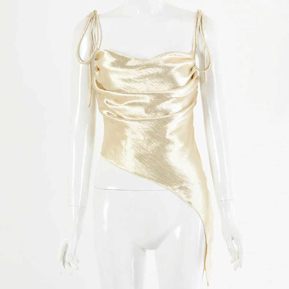 Tied Spaghetti Strap Bowknot Asymmetrical Ruched Crop Top