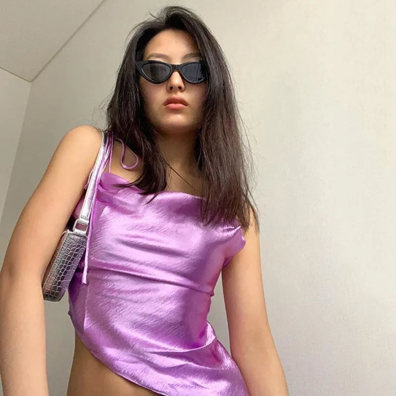 Tied Spaghetti Strap Bowknot Asymmetrical Ruched Crop Top