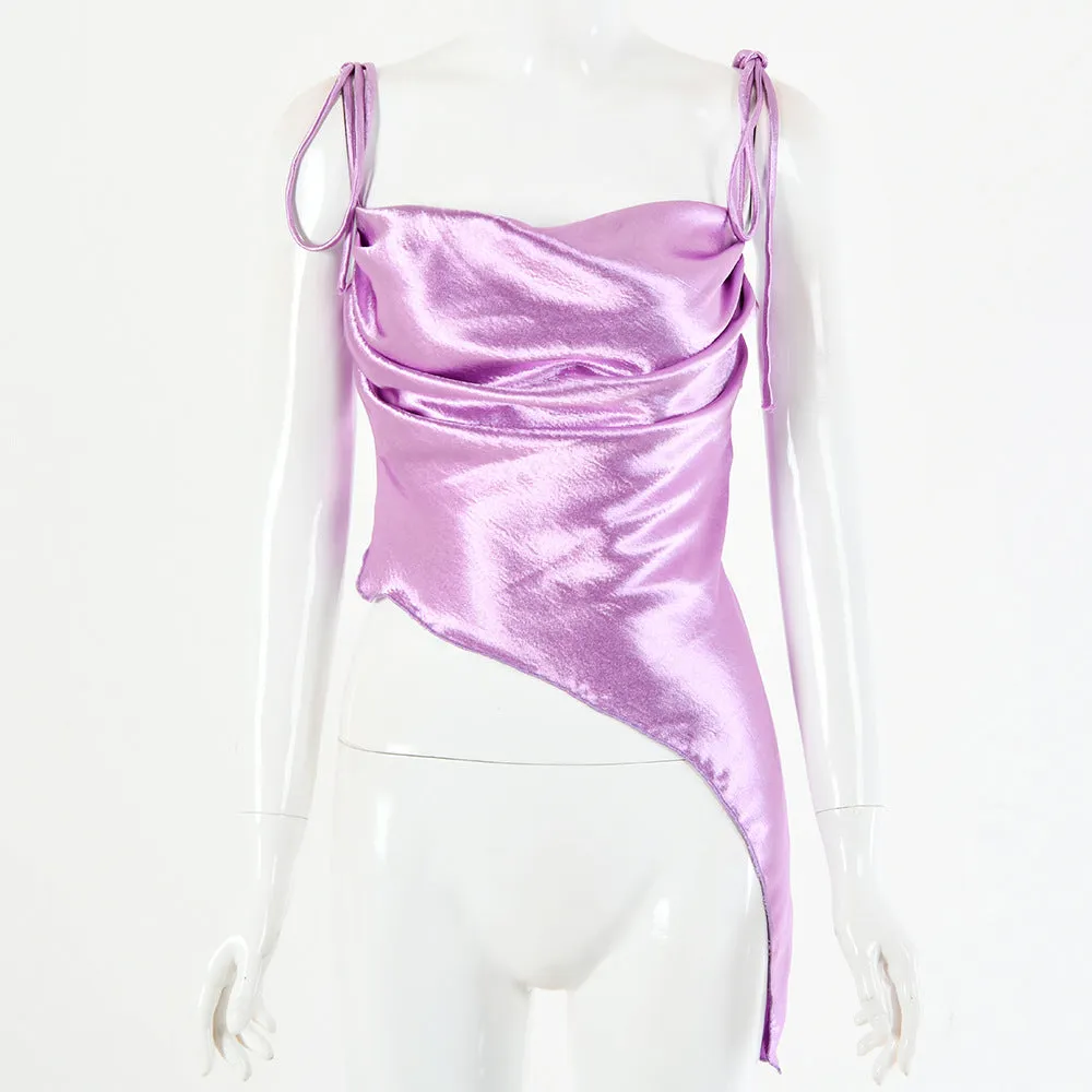 Tied Spaghetti Strap Bowknot Asymmetrical Ruched Crop Top