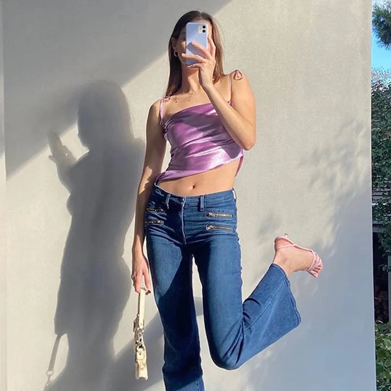 Tied Spaghetti Strap Bowknot Asymmetrical Ruched Crop Top