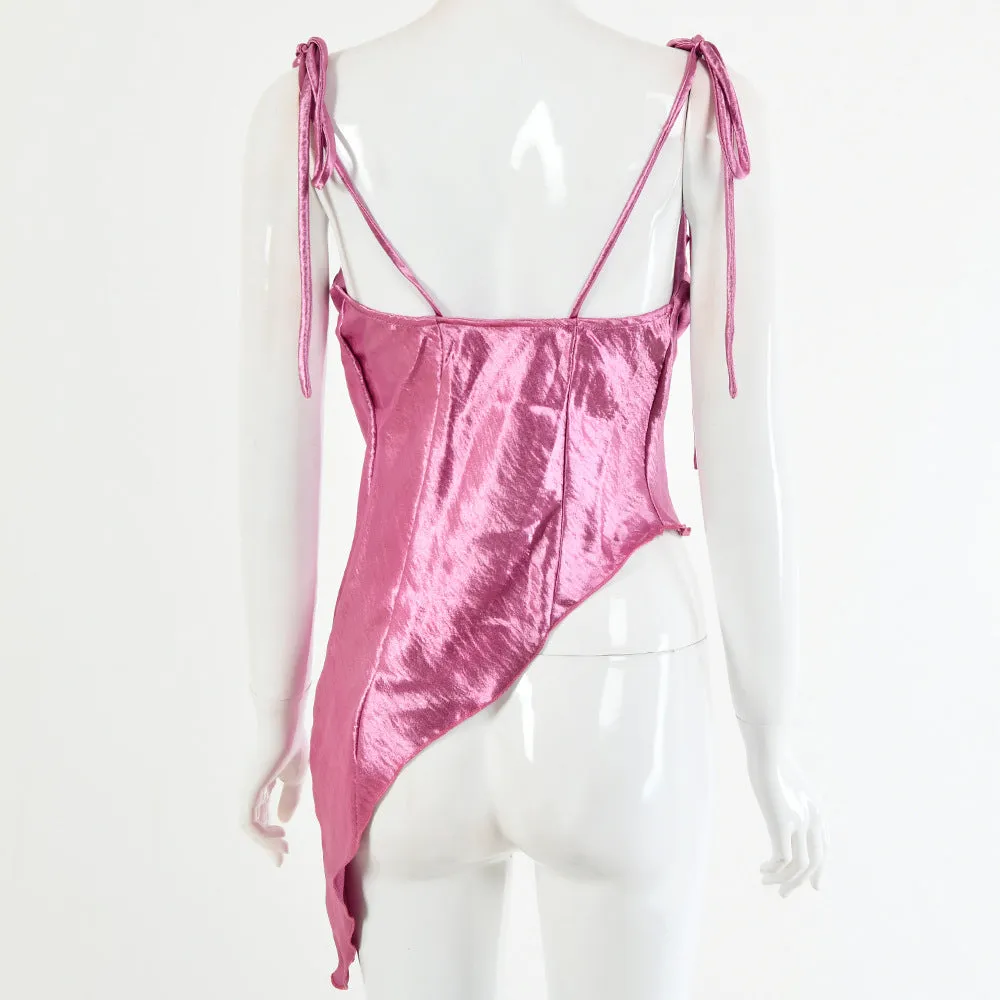 Tied Spaghetti Strap Bowknot Asymmetrical Ruched Crop Top