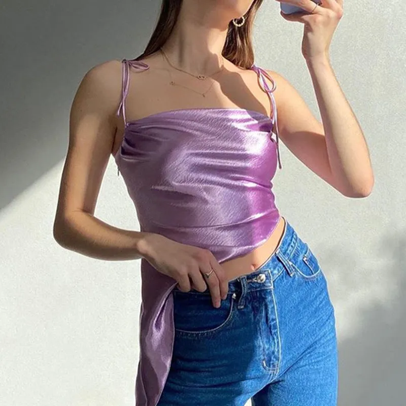 Tied Spaghetti Strap Bowknot Asymmetrical Ruched Crop Top
