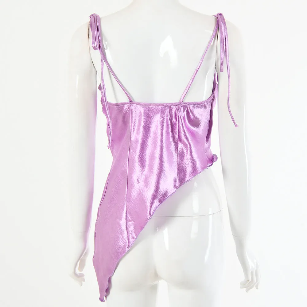 Tied Spaghetti Strap Bowknot Asymmetrical Ruched Crop Top