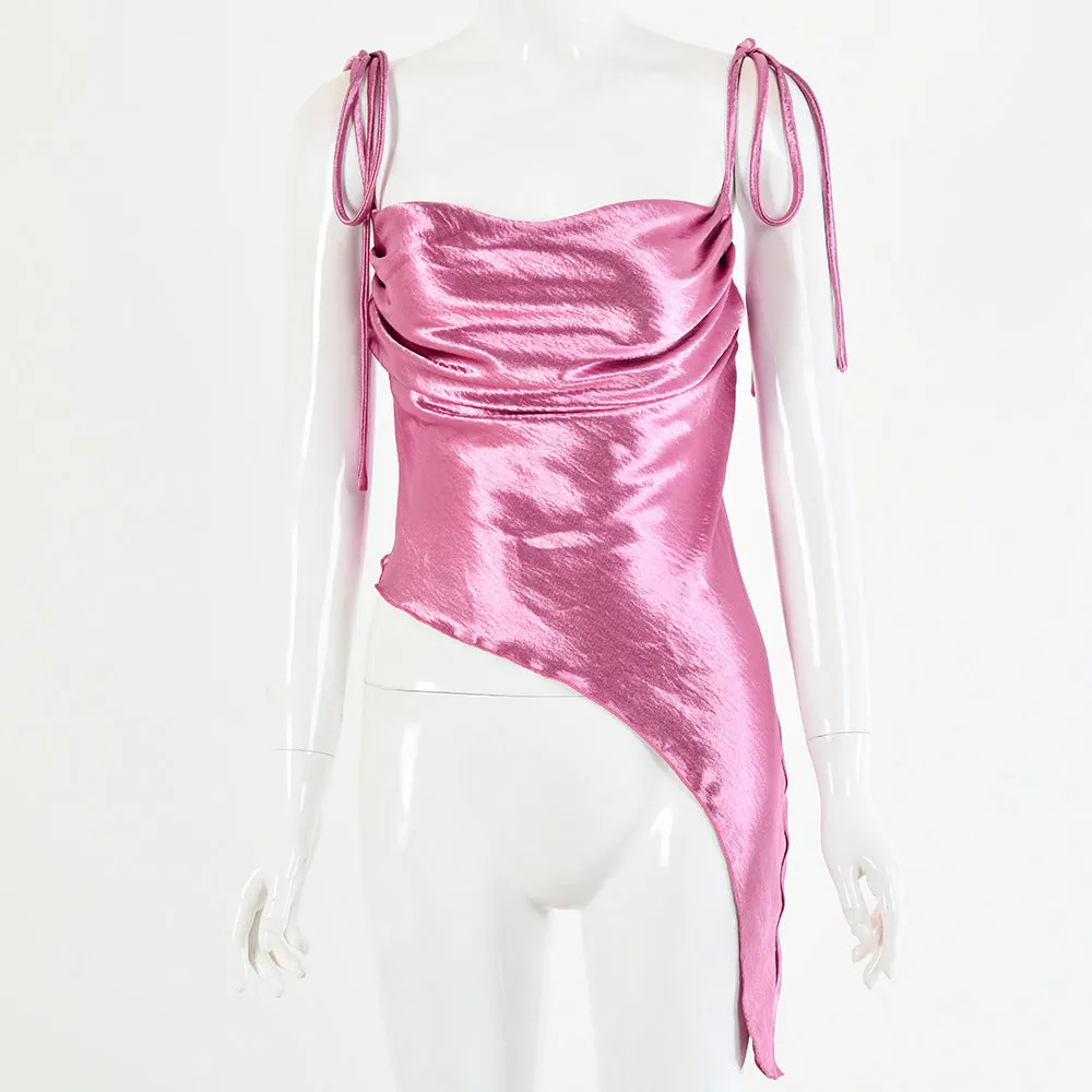 Tied Spaghetti Strap Bowknot Asymmetrical Ruched Crop Top