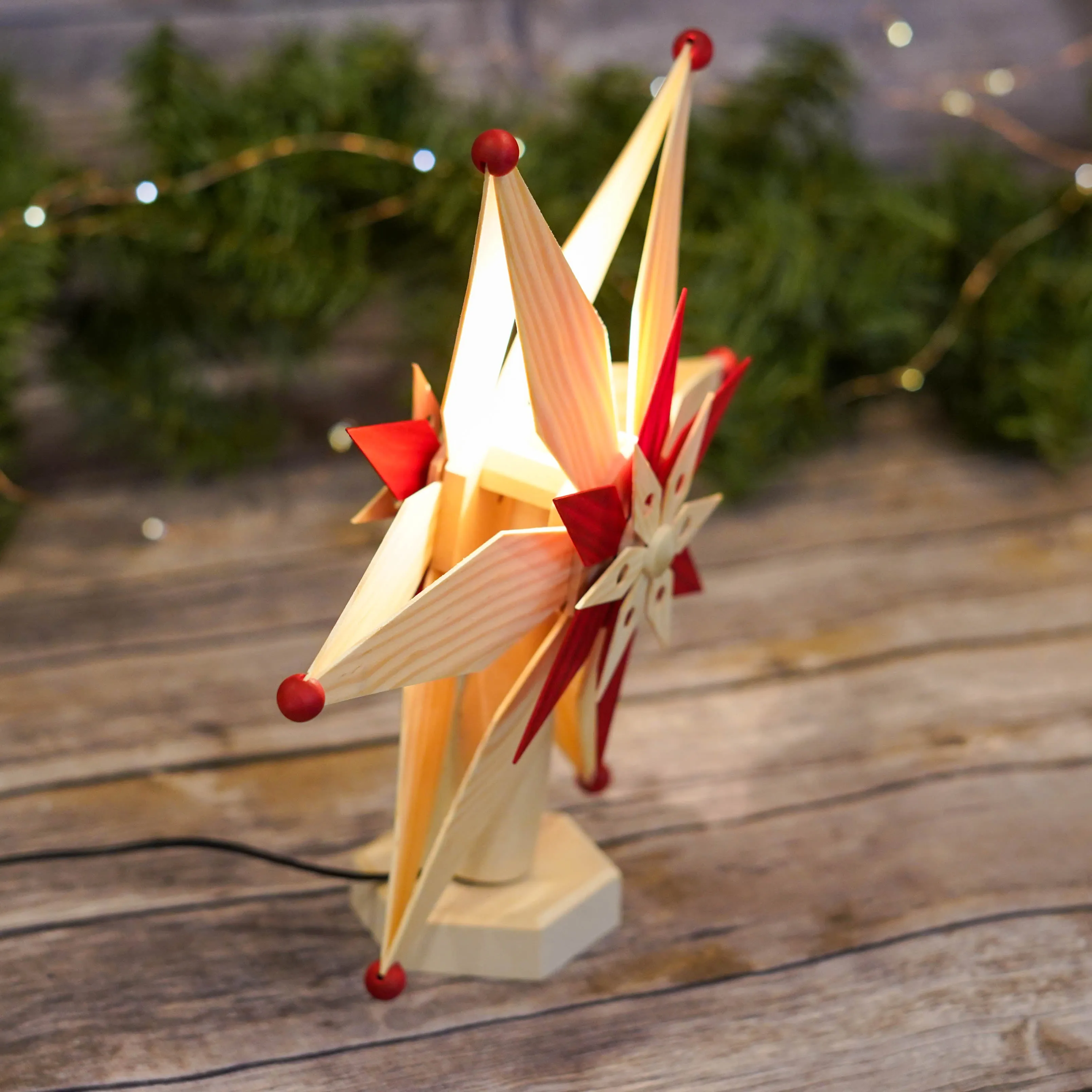 Tree Topper - Electric Red and Natural Wood Star