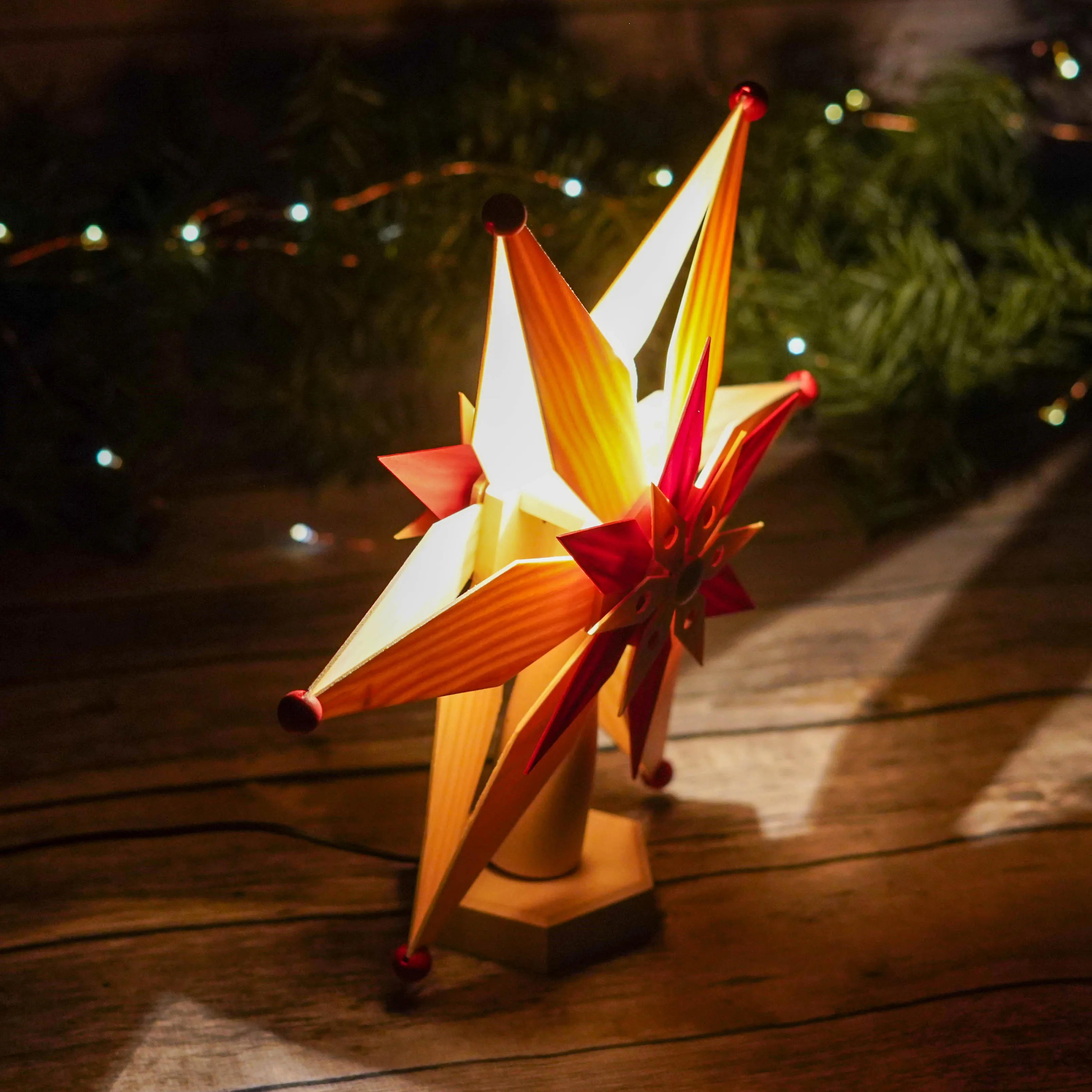 Tree Topper - Electric Red and Natural Wood Star