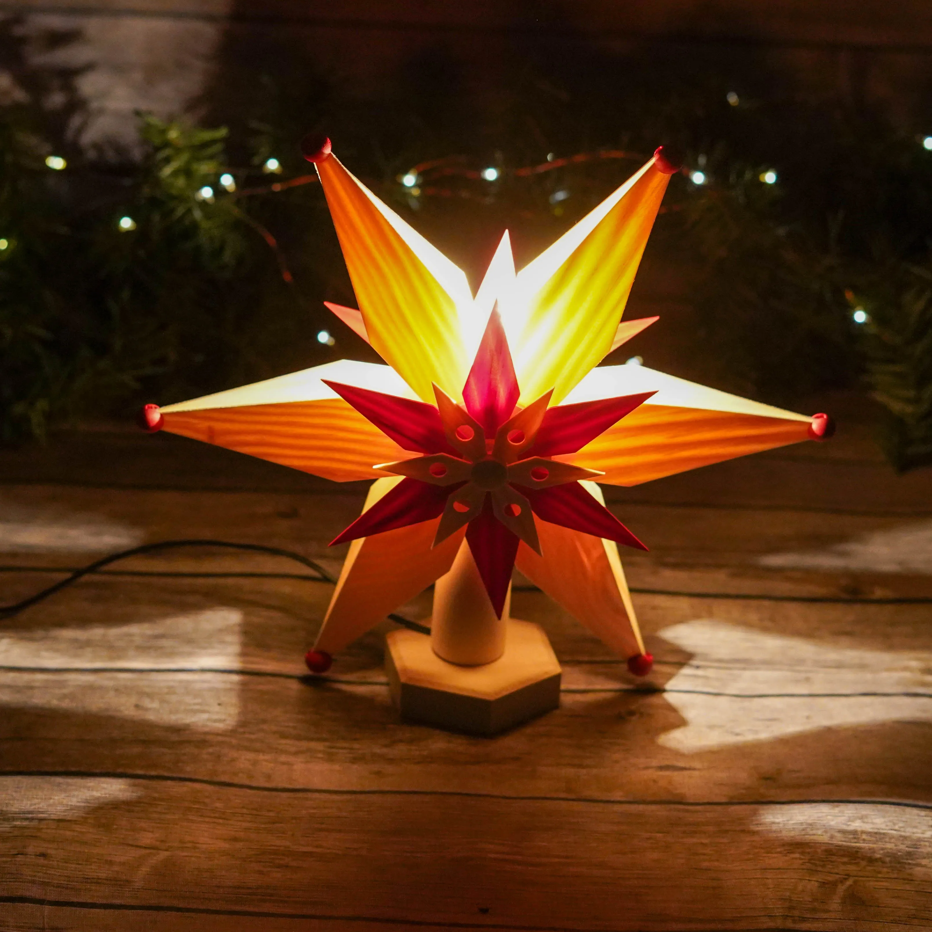 Tree Topper - Electric Red and Natural Wood Star
