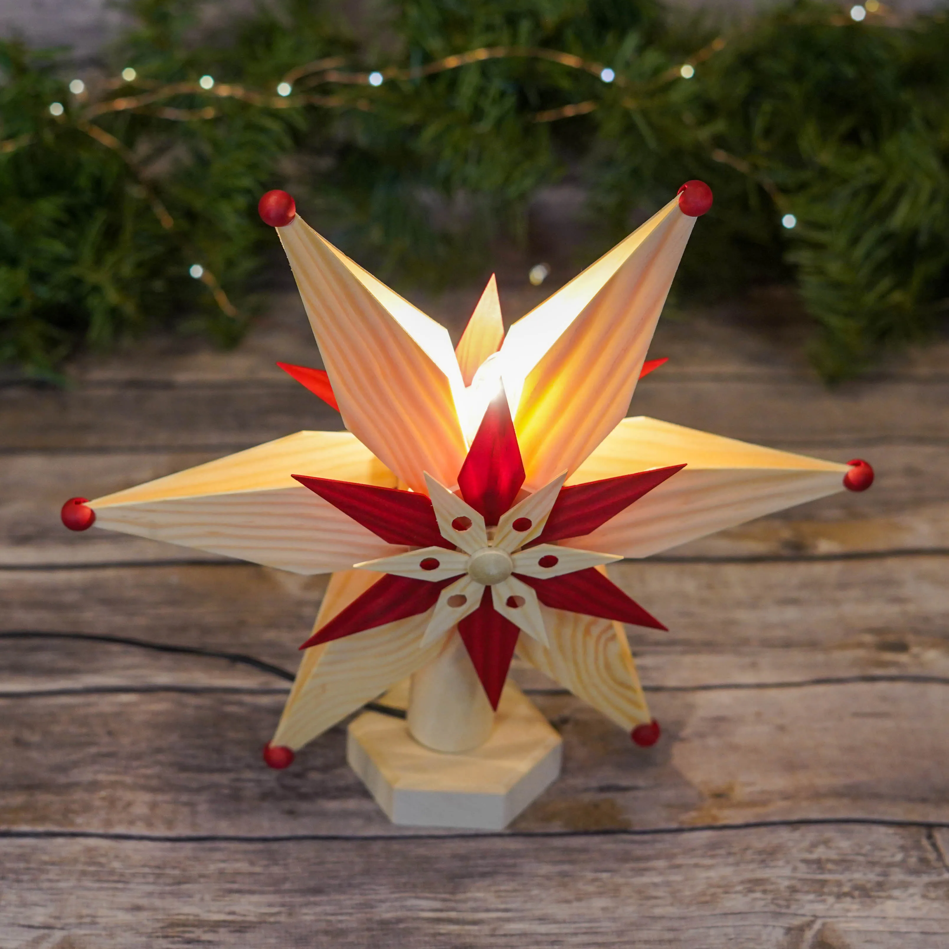 Tree Topper - Electric Red and Natural Wood Star