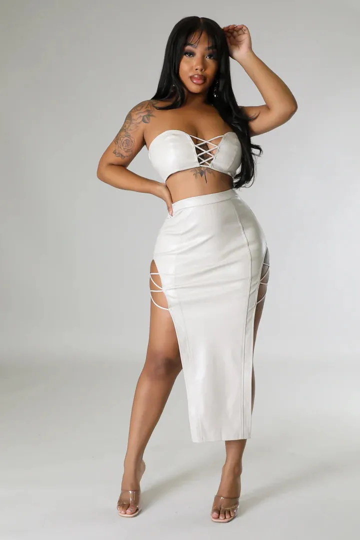 Women's Faux Leather Body Strap Design Cream Midi Skirt Set
