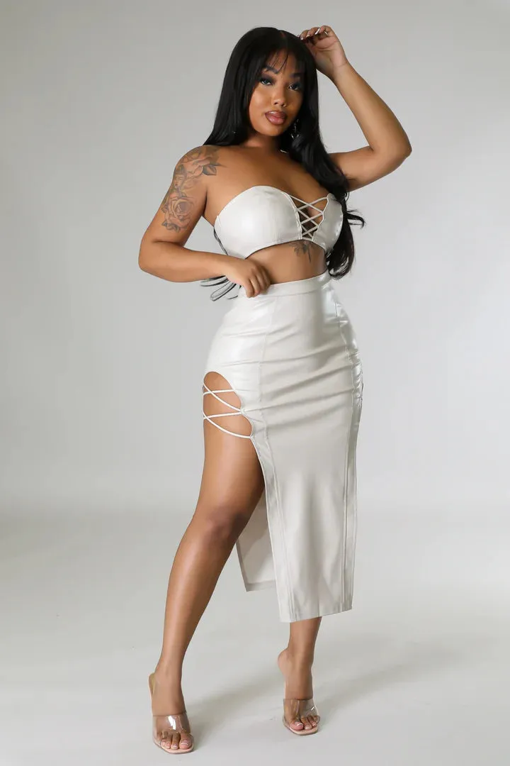 Women's Faux Leather Body Strap Design Cream Midi Skirt Set