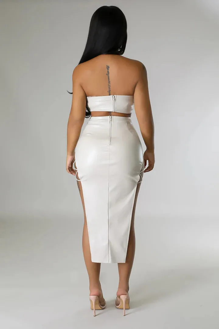 Women's Faux Leather Body Strap Design Cream Midi Skirt Set