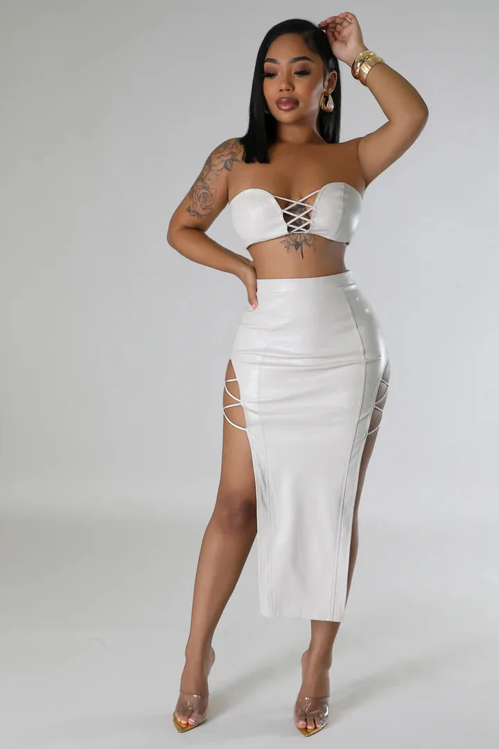 Women's Faux Leather Body Strap Design Cream Midi Skirt Set