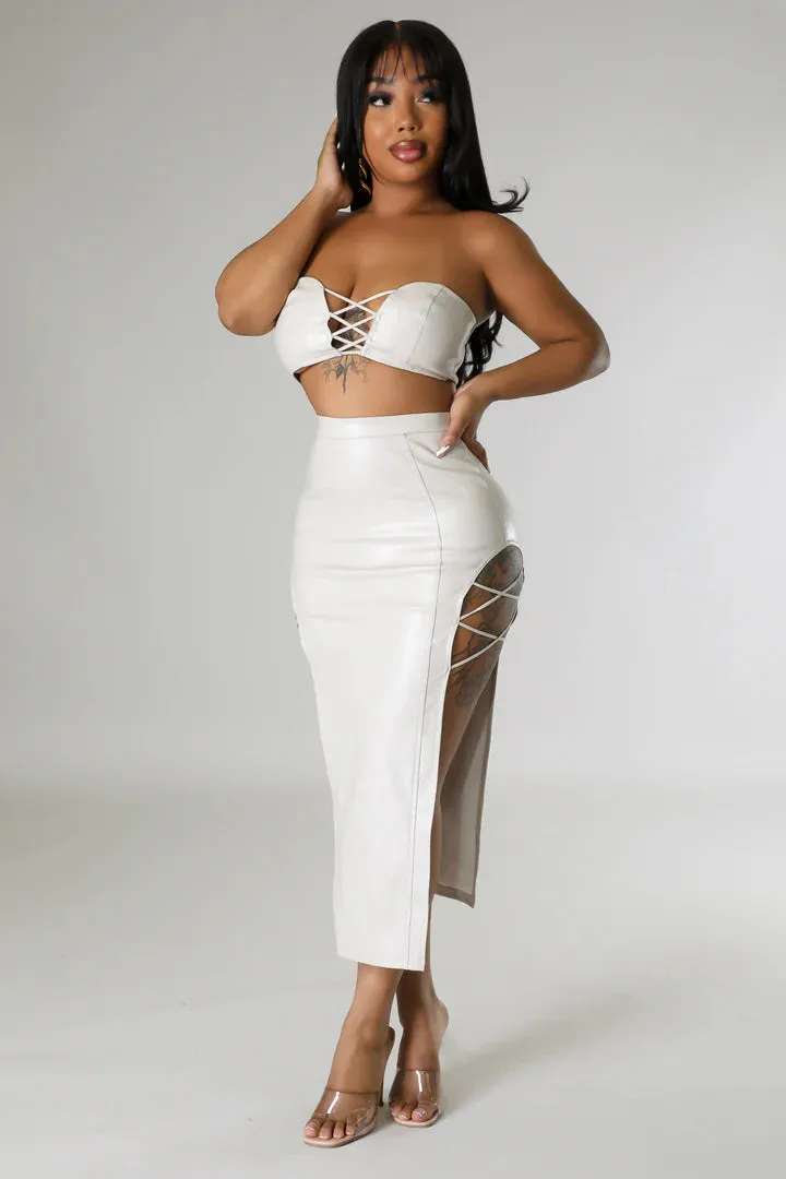 Women's Faux Leather Body Strap Design Cream Midi Skirt Set