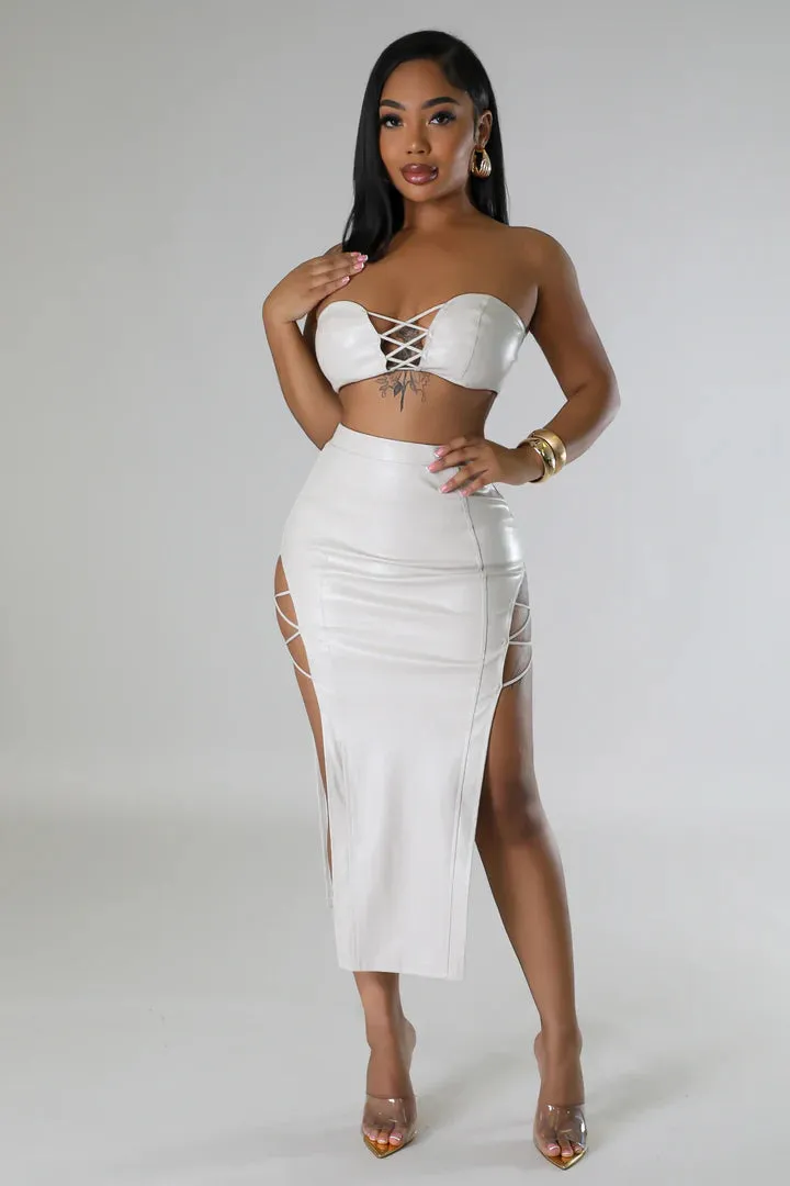 Women's Faux Leather Body Strap Design Cream Midi Skirt Set