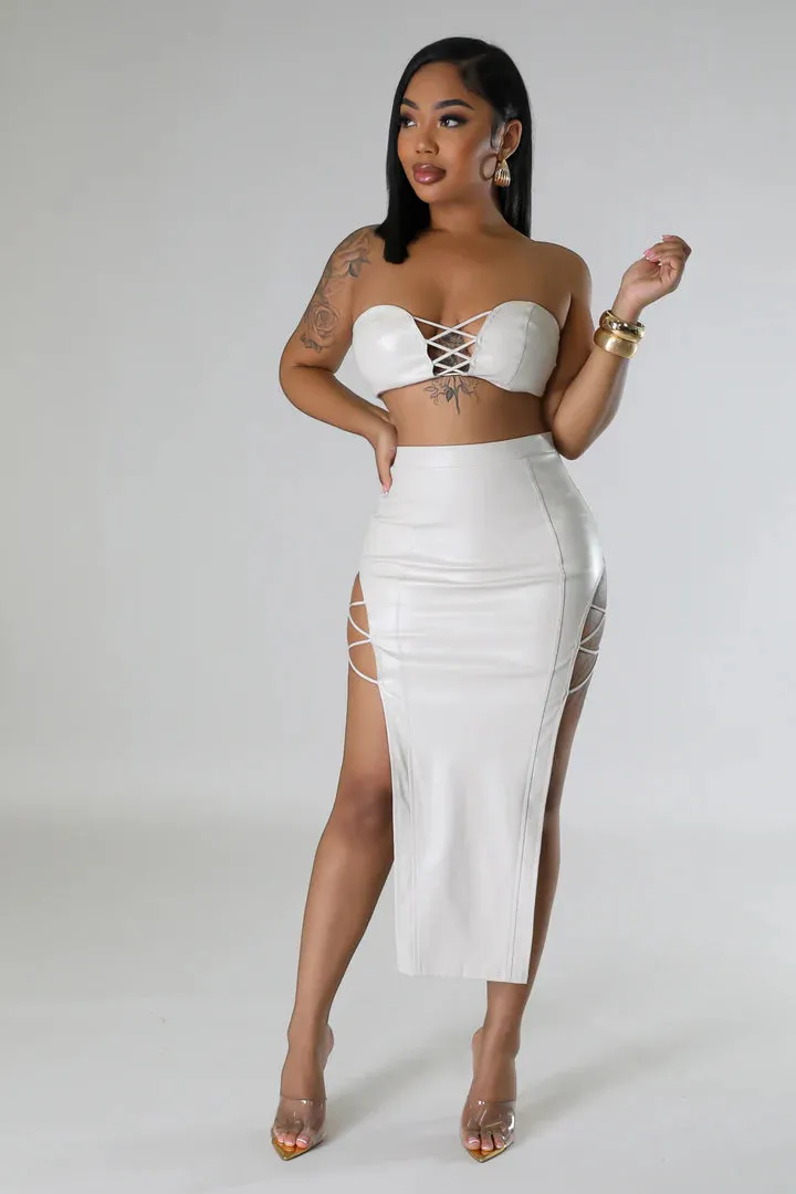 Women's Faux Leather Body Strap Design Cream Midi Skirt Set