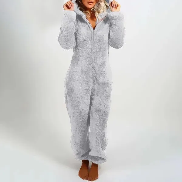 Women's Plus Size Fluffy Velvet Jumpsuit - Warm Hooded Tracksuit with Zipper