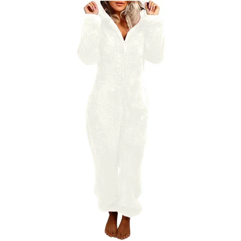 Women's Plus Size Fluffy Velvet Jumpsuit - Warm Hooded Tracksuit with Zipper