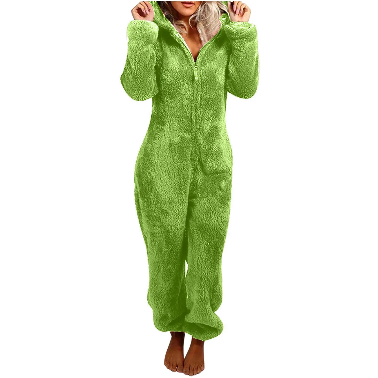 Women's Plus Size Fluffy Velvet Jumpsuit - Warm Hooded Tracksuit with Zipper