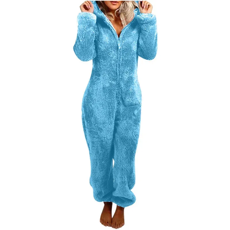 Women's Plus Size Fluffy Velvet Jumpsuit - Warm Hooded Tracksuit with Zipper