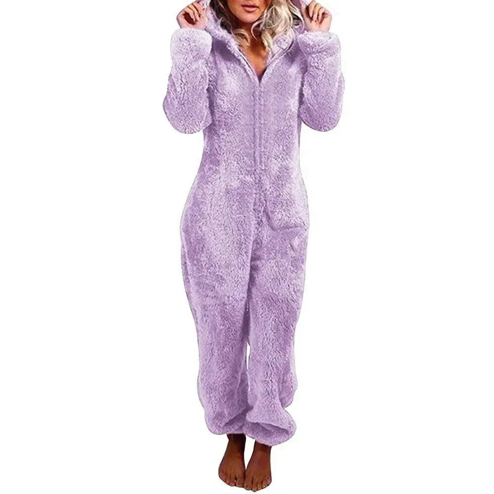 Women's Plus Size Fluffy Velvet Jumpsuit - Warm Hooded Tracksuit with Zipper