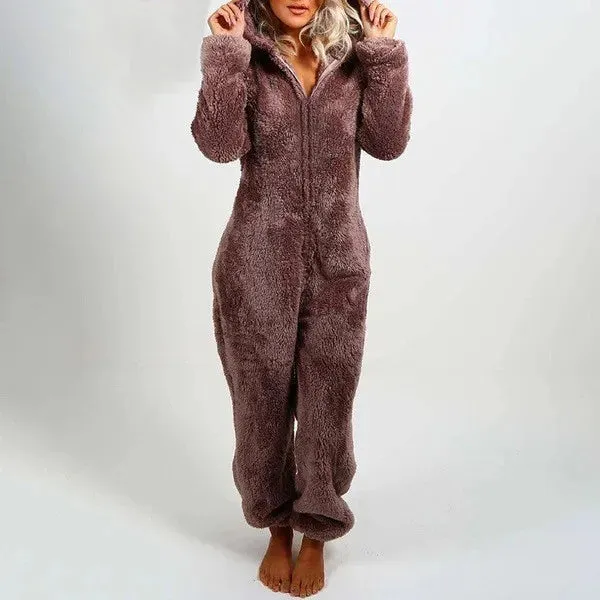Women's Plus Size Fluffy Velvet Jumpsuit - Warm Hooded Tracksuit with Zipper