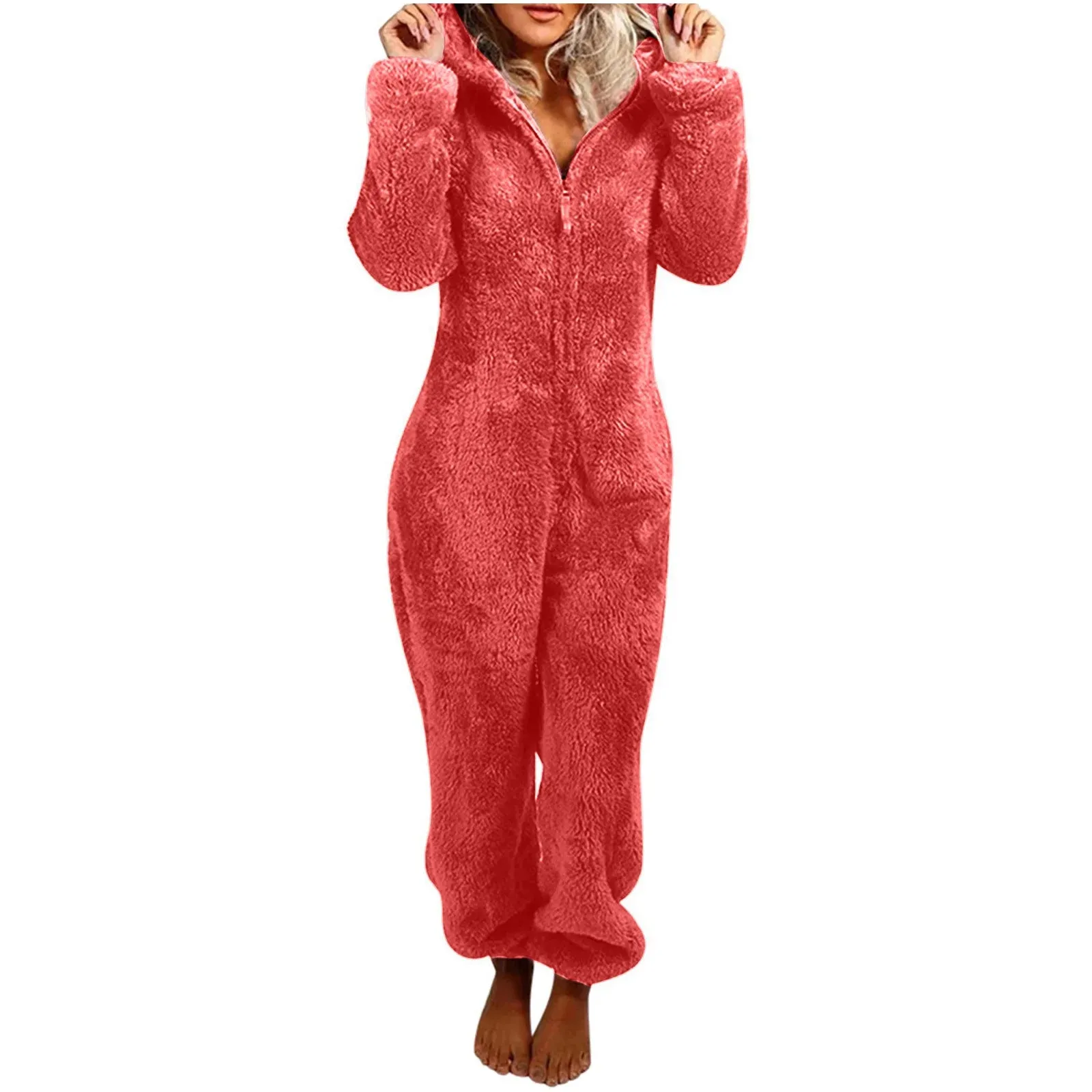 Women's Plus Size Fluffy Velvet Jumpsuit - Warm Hooded Tracksuit with Zipper