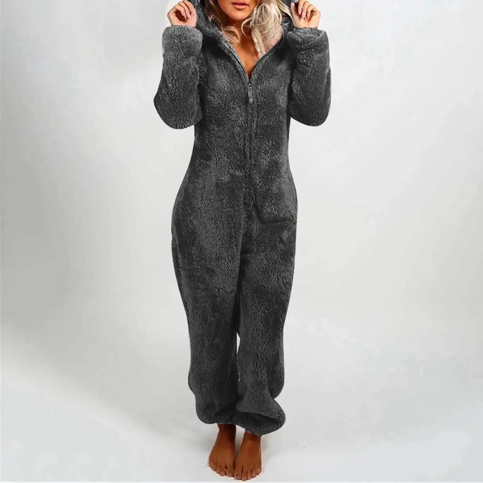 Women's Plus Size Fluffy Velvet Jumpsuit - Warm Hooded Tracksuit with Zipper