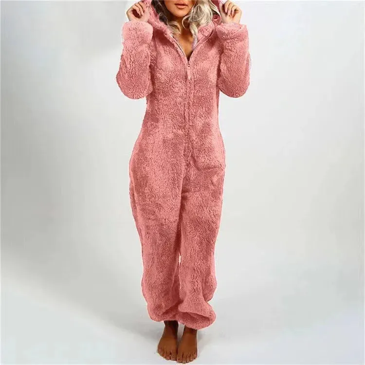 Women's Plus Size Fluffy Velvet Jumpsuit - Warm Hooded Tracksuit with Zipper