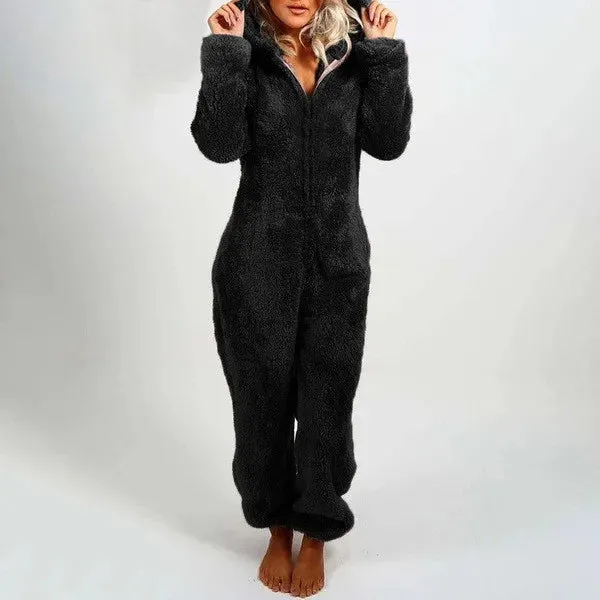 Women's Plus Size Fluffy Velvet Jumpsuit - Warm Hooded Tracksuit with Zipper