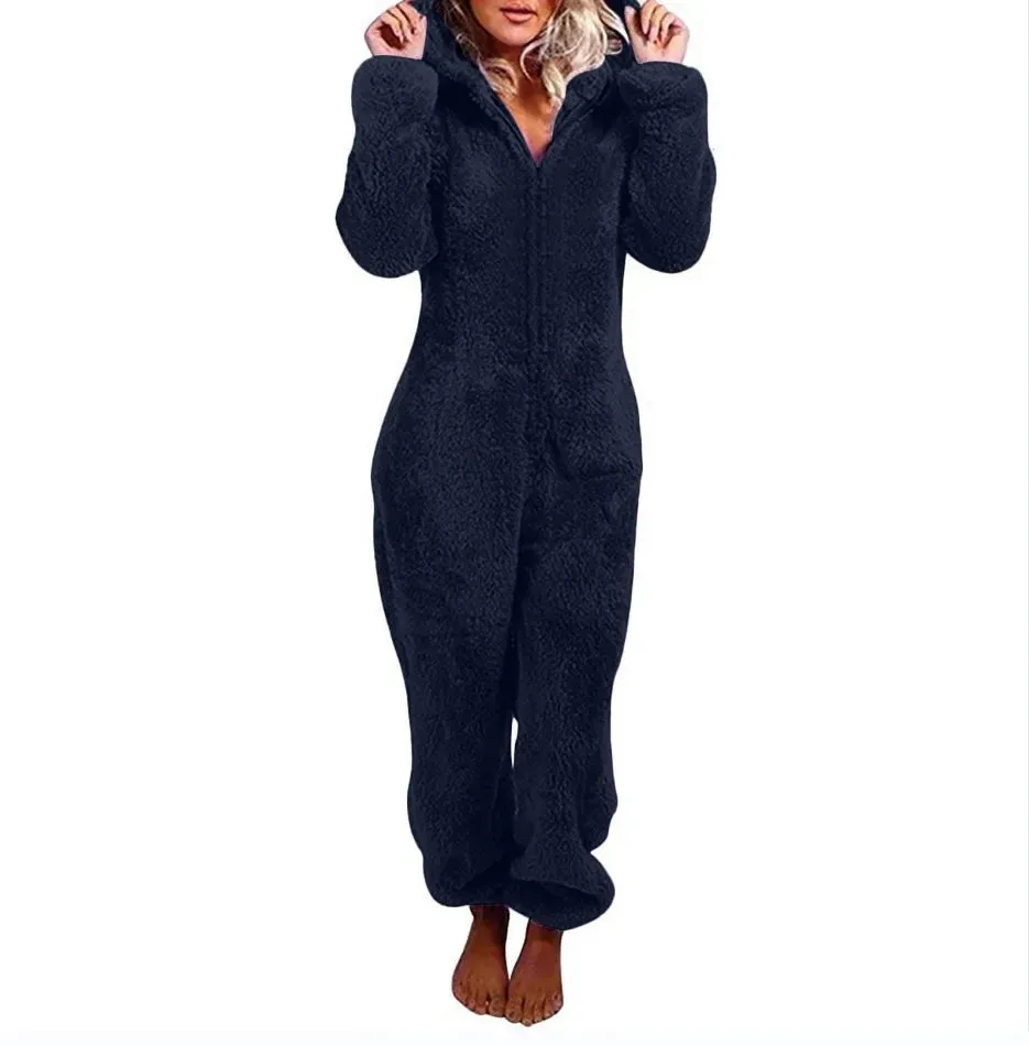 Women's Plus Size Fluffy Velvet Jumpsuit - Warm Hooded Tracksuit with Zipper