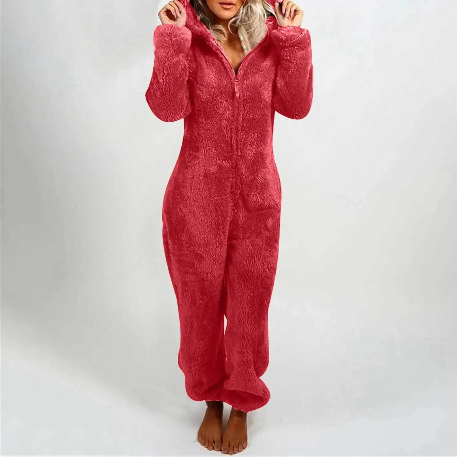 Women's Plus Size Fluffy Velvet Jumpsuit - Warm Hooded Tracksuit with Zipper