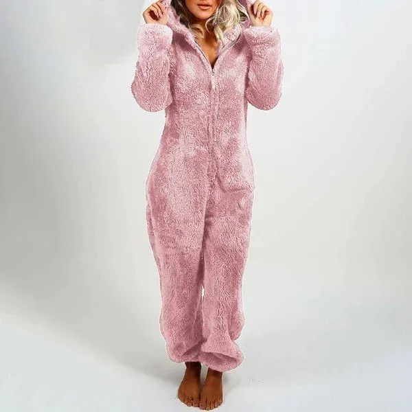Women's Plus Size Fluffy Velvet Jumpsuit - Warm Hooded Tracksuit with Zipper