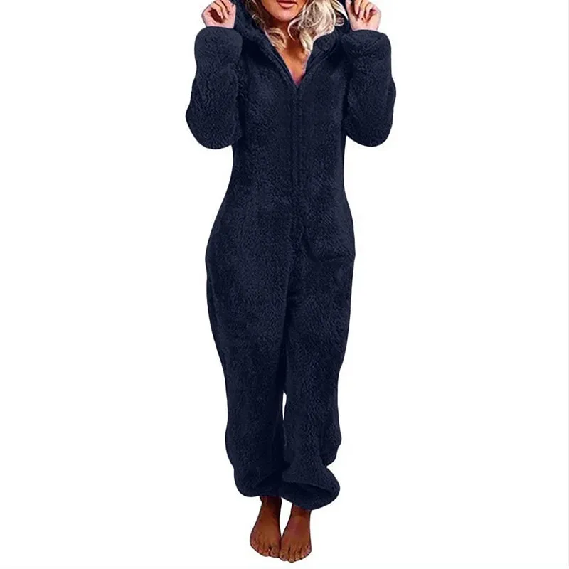 Women's Plus Size Fluffy Velvet Jumpsuit - Warm Hooded Tracksuit with Zipper