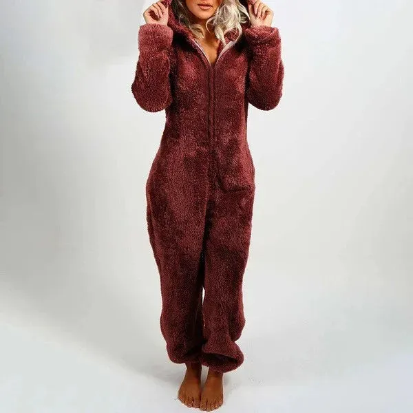 Women's Plus Size Fluffy Velvet Jumpsuit - Warm Hooded Tracksuit with Zipper
