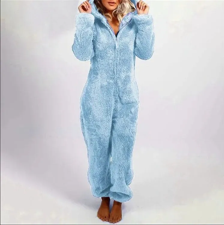 Women's Plus Size Fluffy Velvet Jumpsuit - Warm Hooded Tracksuit with Zipper