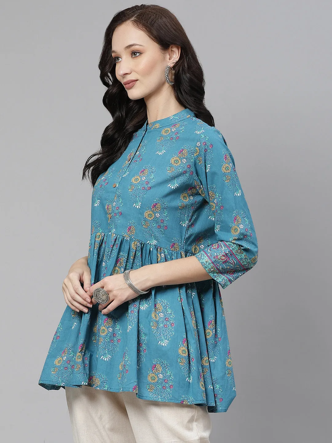 Women'S Teal Floral Print Top