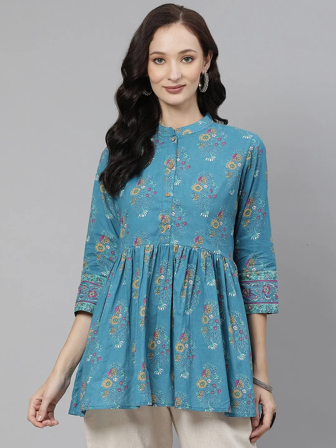 Women'S Teal Floral Print Top