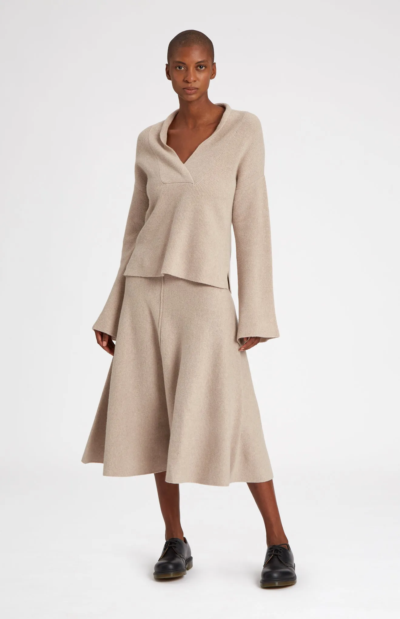 Wool Cashmere Blend Shawl Neck Jumper With Fine Rib In Stone Melange