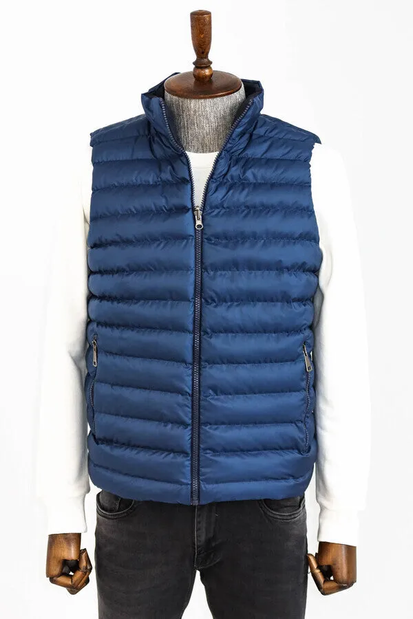 WSS Reversible Quilted Standing Collar Blue Men Down Vest  - Singen