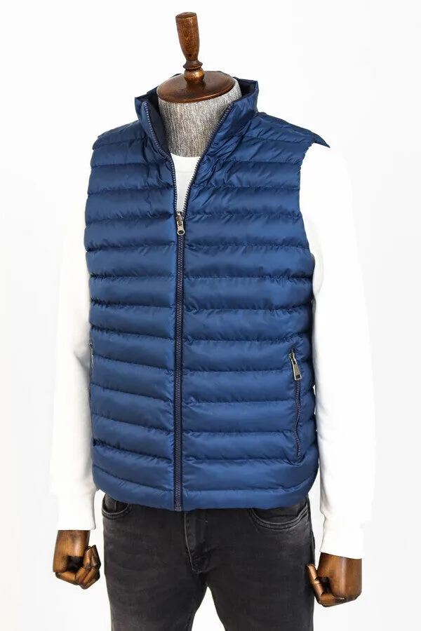 WSS Reversible Quilted Standing Collar Blue Men Down Vest  - Singen