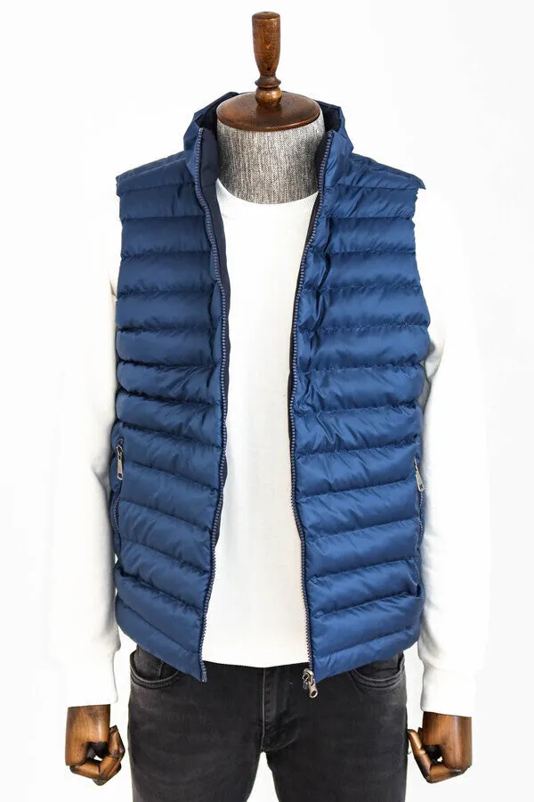 WSS Reversible Quilted Standing Collar Blue Men Down Vest  - Singen